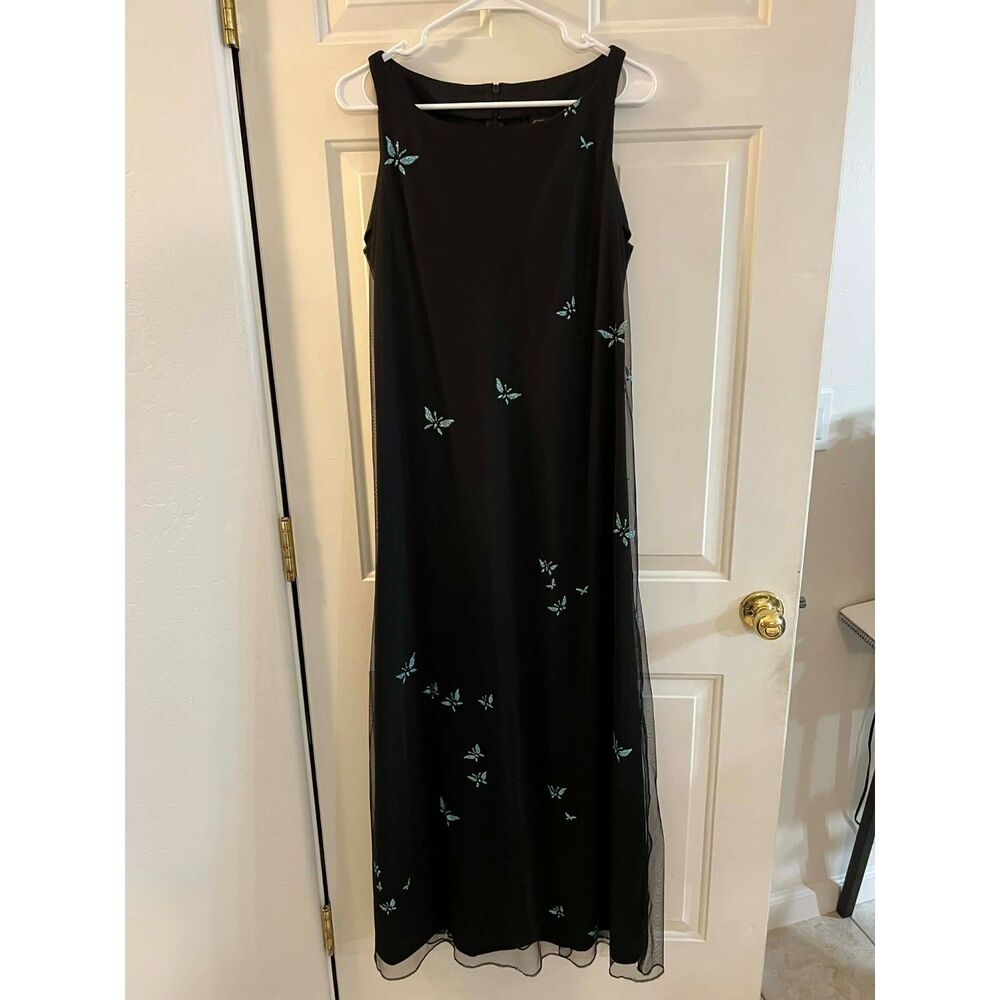 Vintage 90s Y2K Black Maxi Dress Butterfly Chiffon Overlay Formal Evening Sz 12
